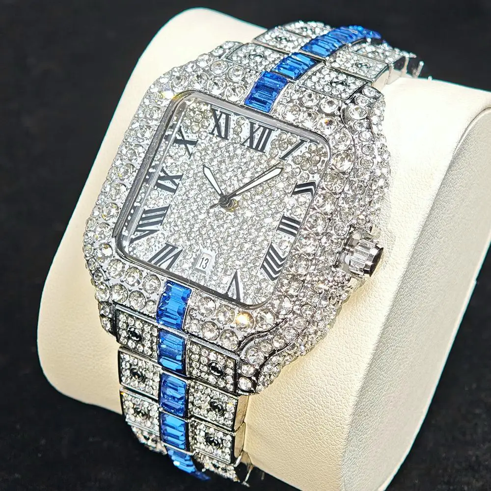 

Blue Diamond Watch For Men Brand UNIGUET Luxury Stainless Steel Fashion Roman Literal Wristwatch Man Hip Hop Ice Square Watches