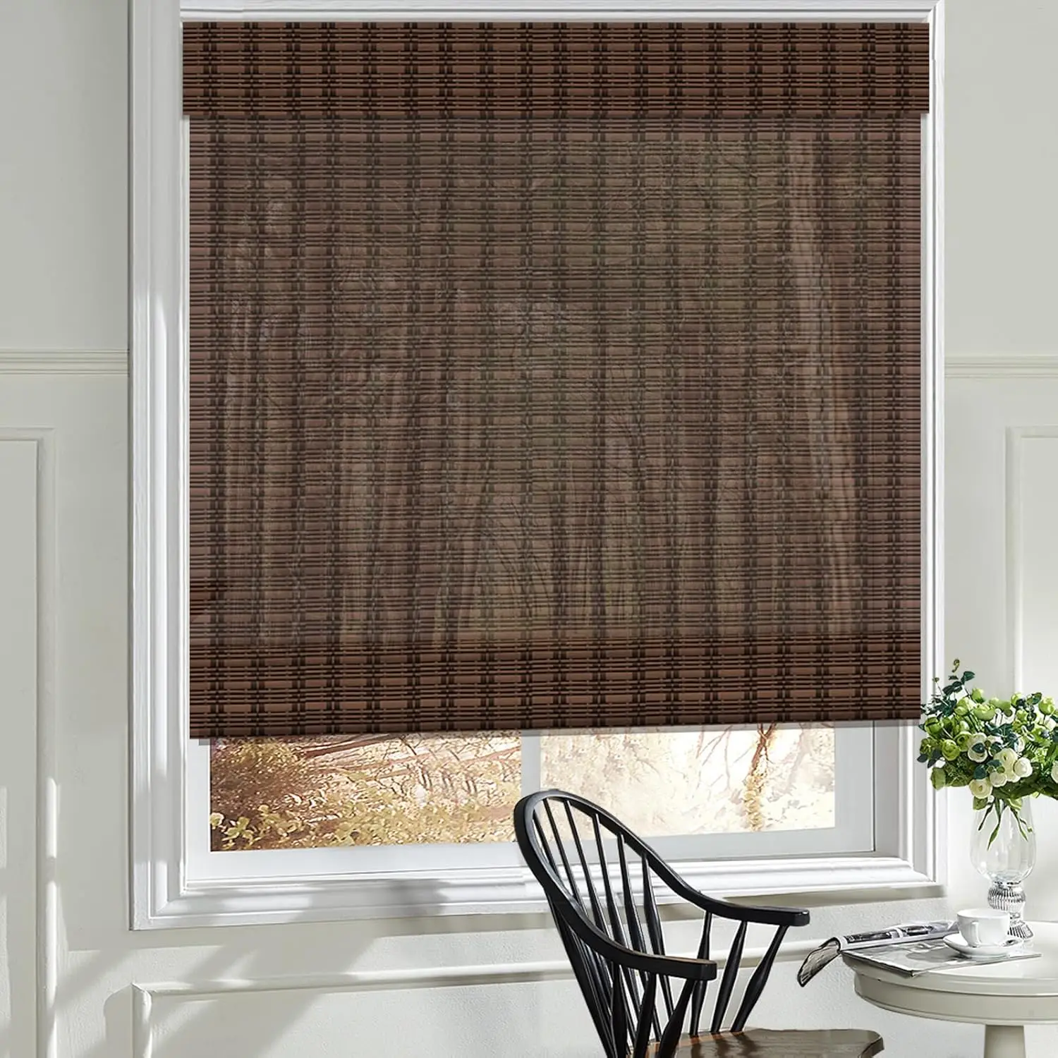 Wood Window Roman Shades Lined Blackout Bamboo Roman Shades Blinds Easy Installation for Home and Garden Light Brown