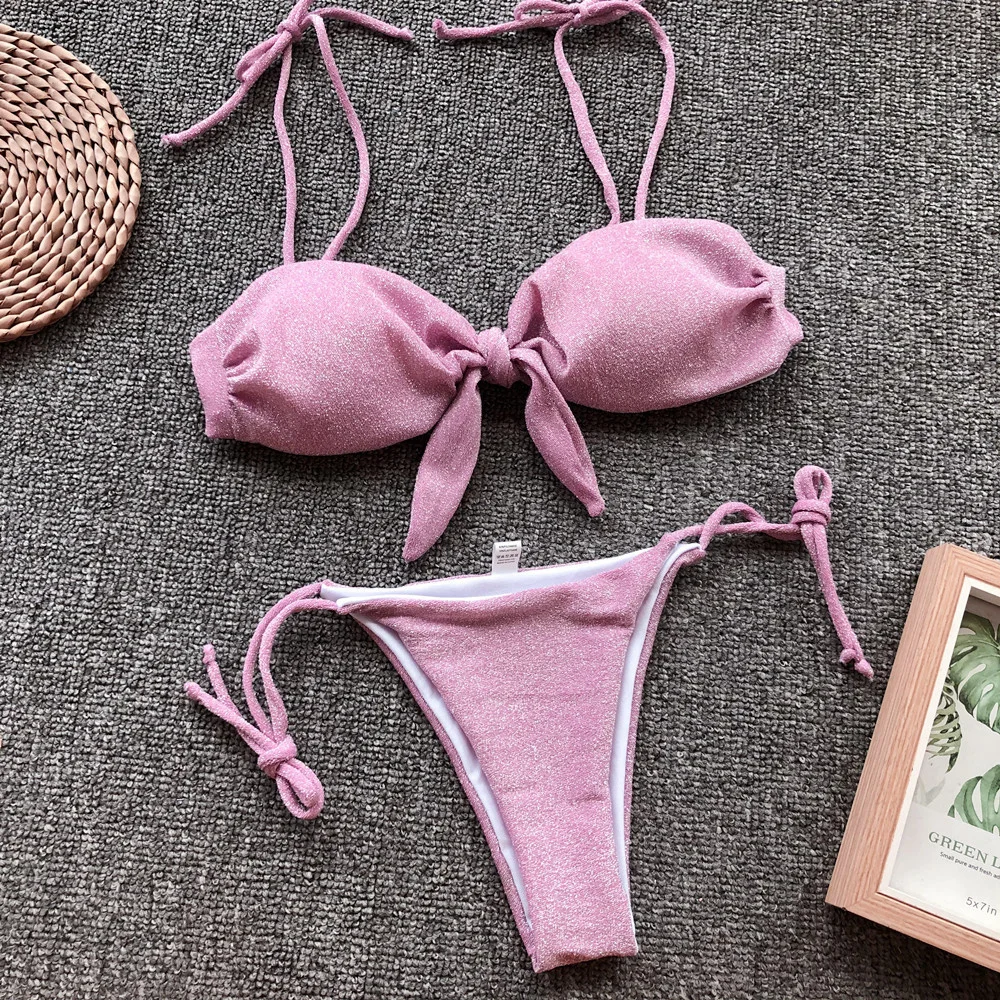 

Shiny Tassel Knotted Bikini Pink Y2K Swimsuit Lace Up Sling Extreme Swimwear Micro Tanga Biquini Women Beach Outfit Bathing Suit