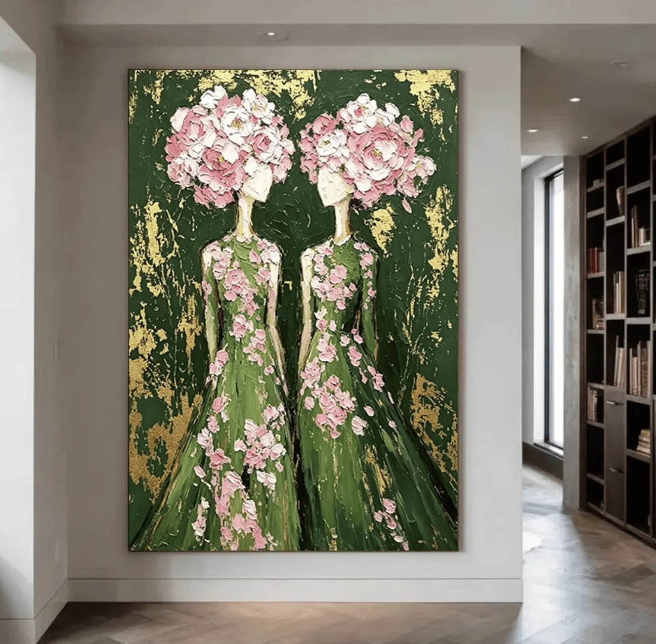 Dark Green Gold Foil Abstract Lady Canvas Prints, Impasto Two Women Floral Hat Posters Living Room Bedroom Wabi Sabi Home Decor