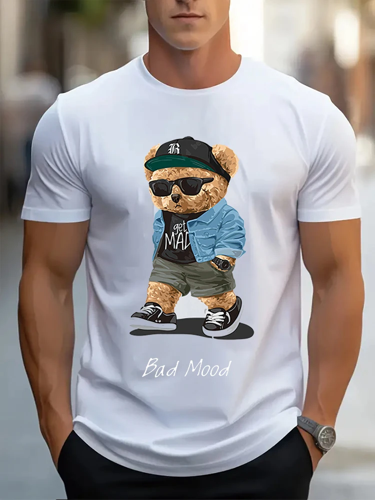 Men T-Shirt Get Mad Bad Mood Walking Silent Teddy Bear Short Print Printing t Shirt Round Neck Man Design Tee Tops Cotton Tshirt