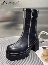 British Style Women Genuine Leather Boots New Autumn Winter High Heel Personality Designer Punk Shoes Zipper Motorcycle Boots