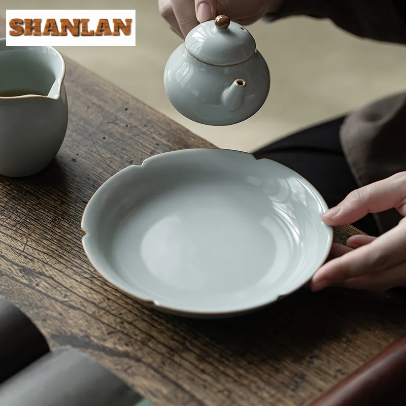 

Azure Ru Kiln Porcelain Pot Bearing Holder Ice Cracked Glaze Dry Brew Table Tea Tray Fruit Snack Plate Tea Items Accessories