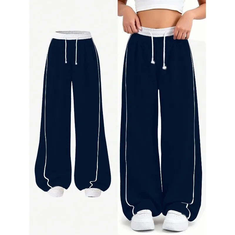 Kids Girls Leg Sweatpants, Navy White Elastic Drawstring Waist Casual Trousers with Double White Side Strip Loose