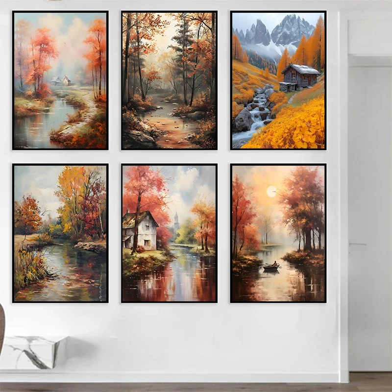 (2D Canvas painting) Abstract Oil Painting on Canvas Print Landscape Autumn Forest The River Canvas Posters Wall Art Picture
