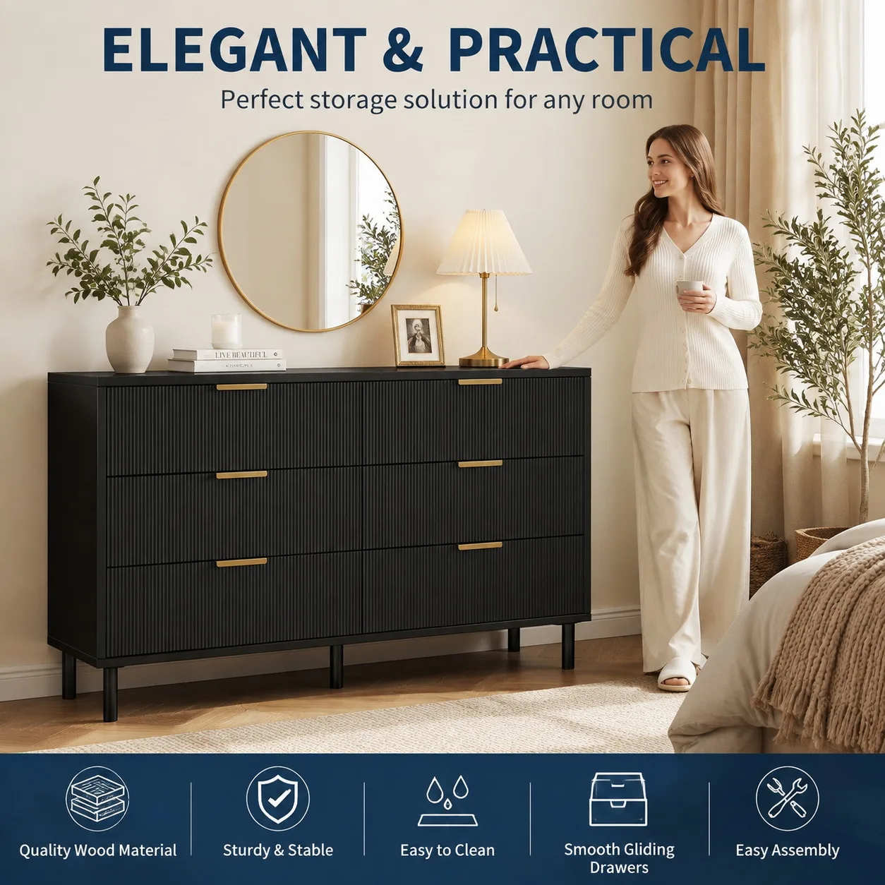 6 Drawer Storage Chest with Fluted Front Design, Wide Wood Dresser Cabinet with Metal Base for Home Organization