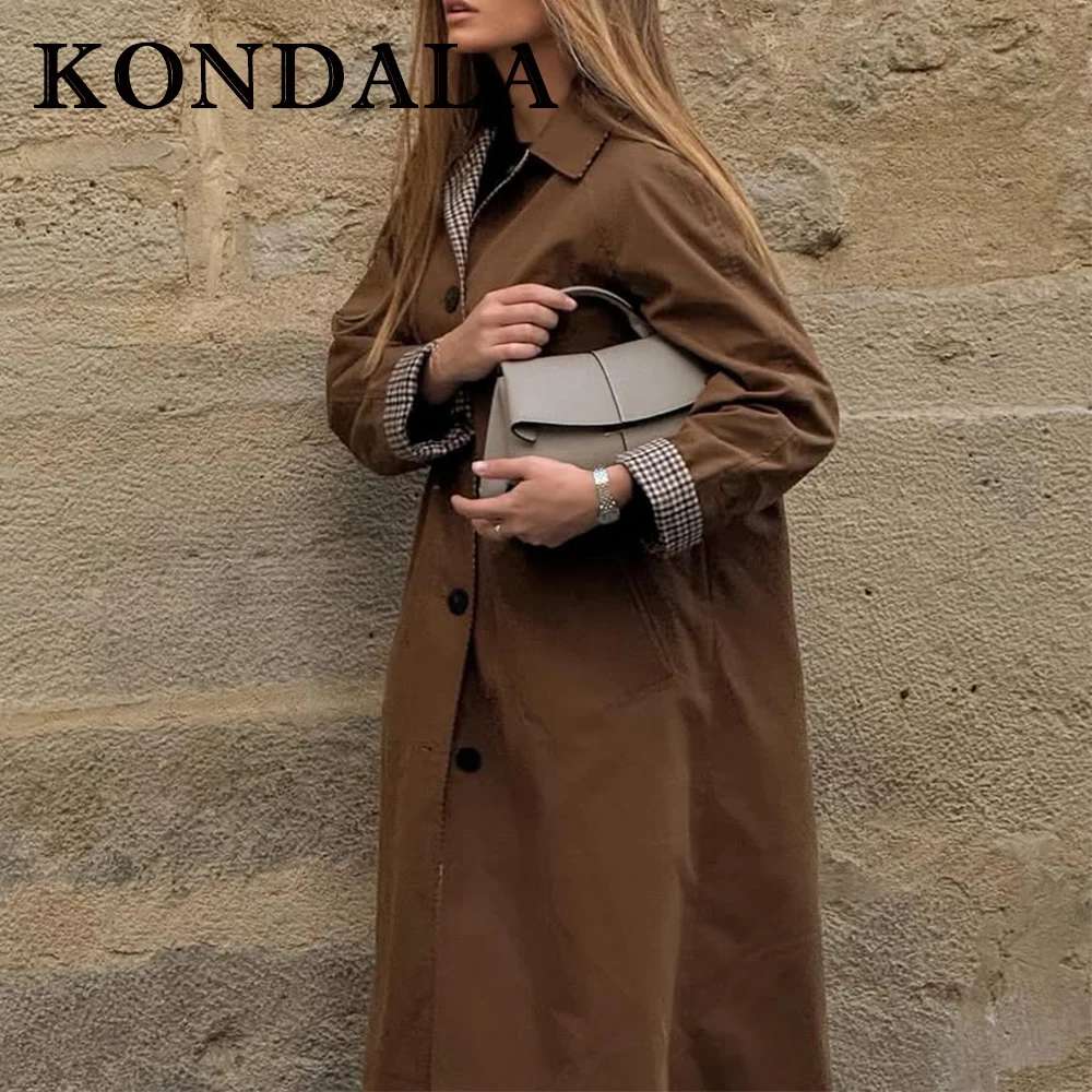 KONDALA 2025, Herbst Casual Frau doppelseitige Reversible Graben Mantel Plaid Einreiher Mode Taschen Vintage Mujer Graben