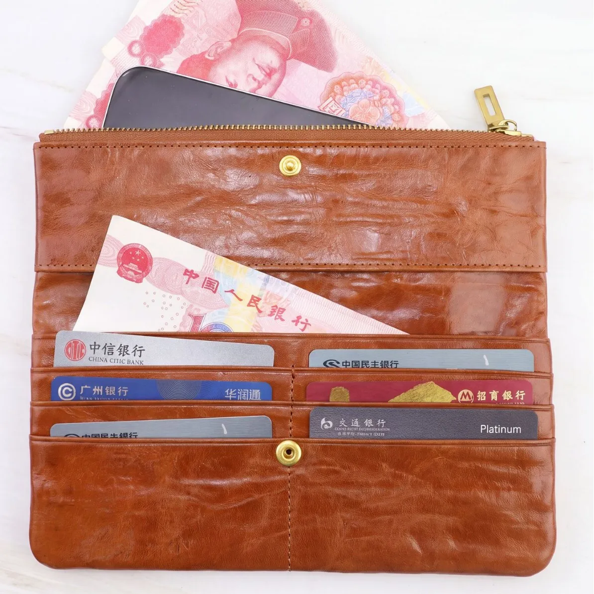 Genuine Top‑grain Vegetable‑tanned Leather Long Wallet with Multi‑slots Zipper Pocket Vintage Storage Wallets for Women & Men