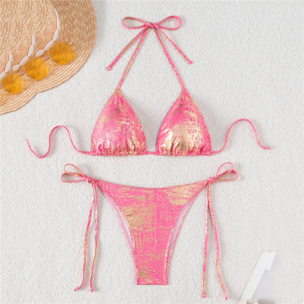 Green Shiny Swimwear Halter String Triangle Micro Bikini Thong Sexy Swimsuit Women 2025 Bathing Swimming Suit Mini Bikinis Sets