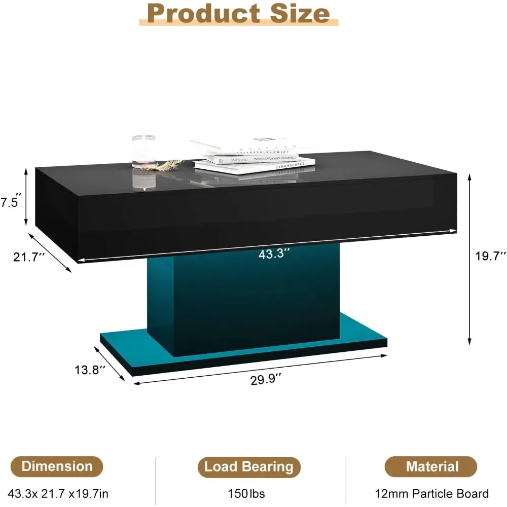 Led Coffee Table, Living Room Table Rectangular Center Table, Modern High Glossy Wooden Coffee Tables with 16 Colors LED Lights