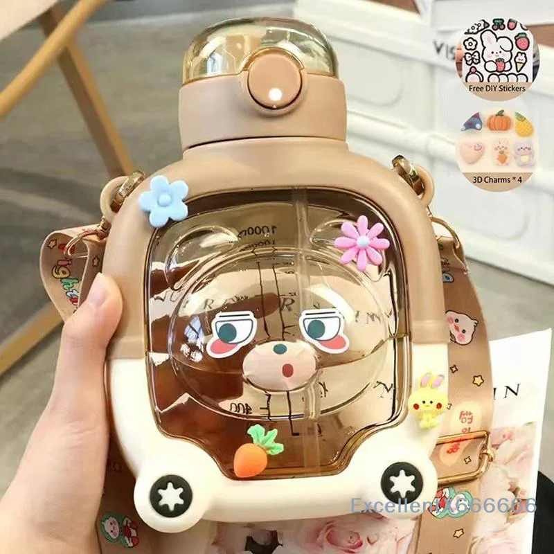 Cute Bear Kids Straw Water Bottle Drop Resistant 1Pcs BPA Free Lightweight Drinking Cup for School Picnic Camping