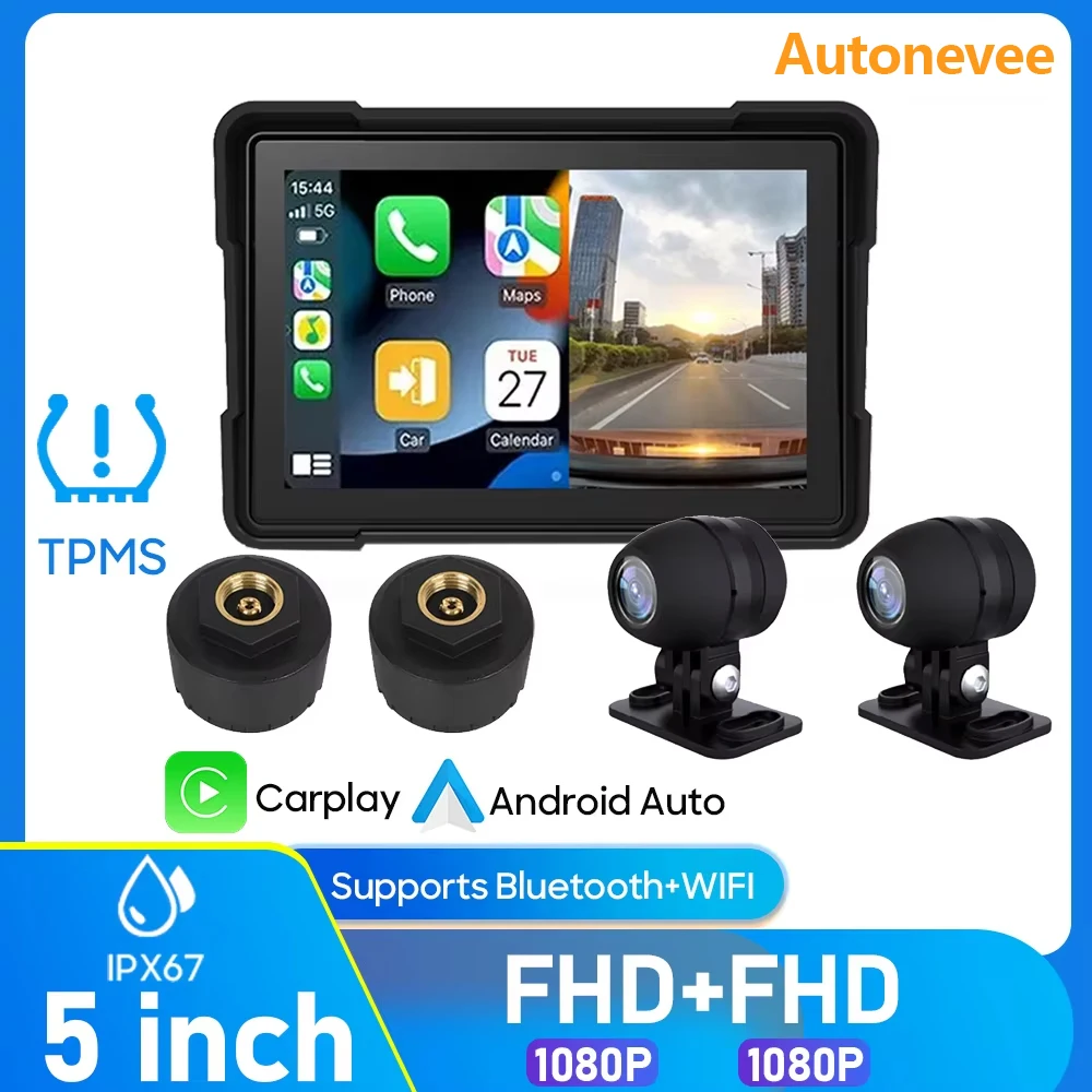 Autonevee WaterProof 5 inch Motorcycle Carplay WiFi Wireless Android-Auto DVR Monitor Dash Camera GPS Navigation TPMS Bluetooth