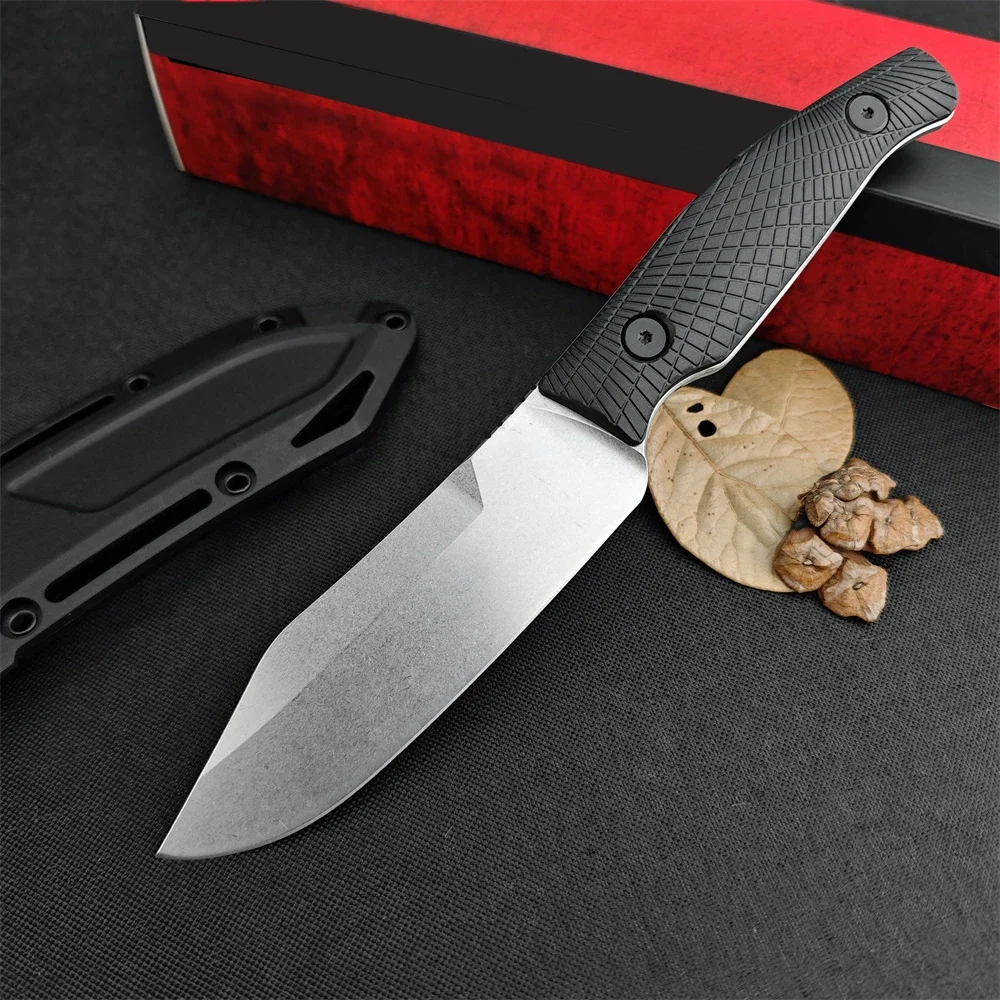 KS 1083 Camp 5 Fixed Blade Knife Black Handle W/Sheath, D2 Stonewashed Full-tang Knife Perfect for Survival Camping Bushcrafting