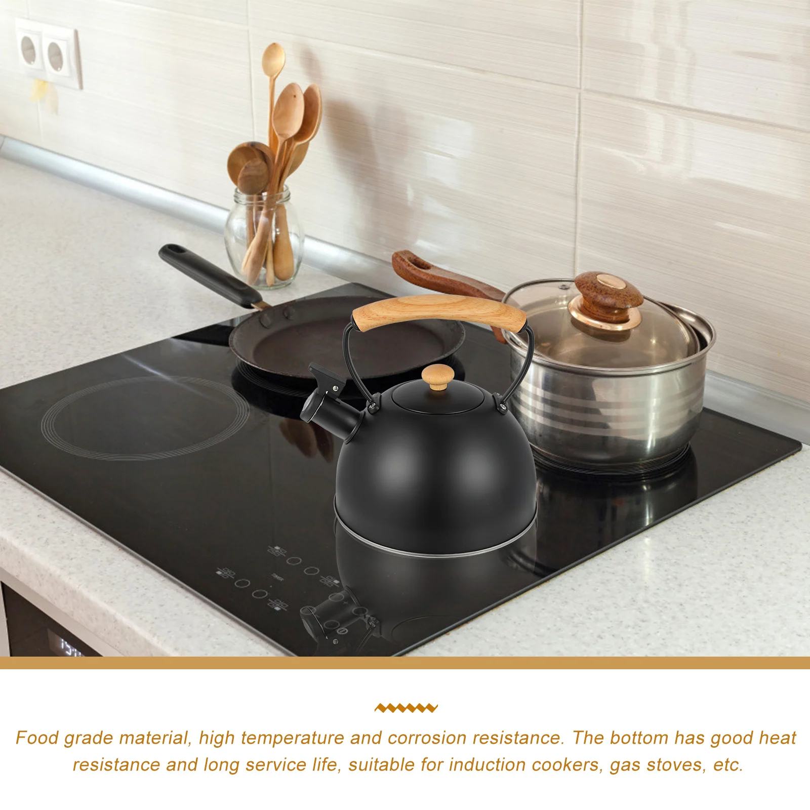 

1pc Whistling Kettle Stainless Steel Vintage Wood Handle Stovetop Tea Pot Heat Resistant Base Anti Scalding Large for Induction
