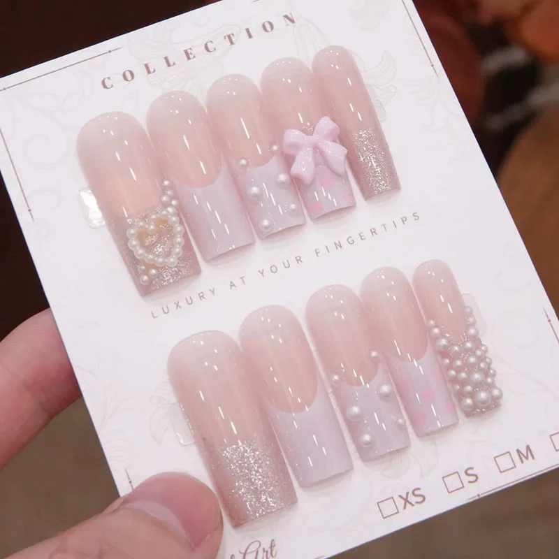 Nude Pink Bow Pearl Press On Nails,Sweet Girl Medium Long T‑Shape False Nails,Luxury Removable Reusable Popular Manicure Nail Ti