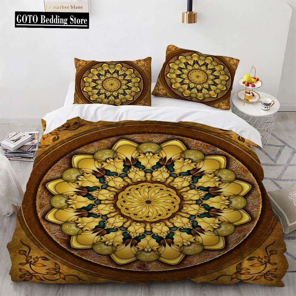 Boho Datura Flower Duvet Cover Set Golden Bedding Yellow Mandala Design Boys Girls Bedding Sets Comforter Cover + Pillowcases 3d