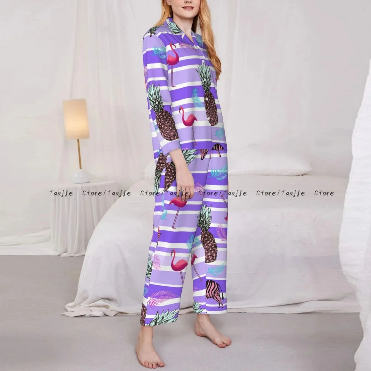 Spring Pajama Set Women's Long Sleeve Pants Two Piece Pineapple Flamingo Pink Zebra And Palm Leaves Home Furnishing Set