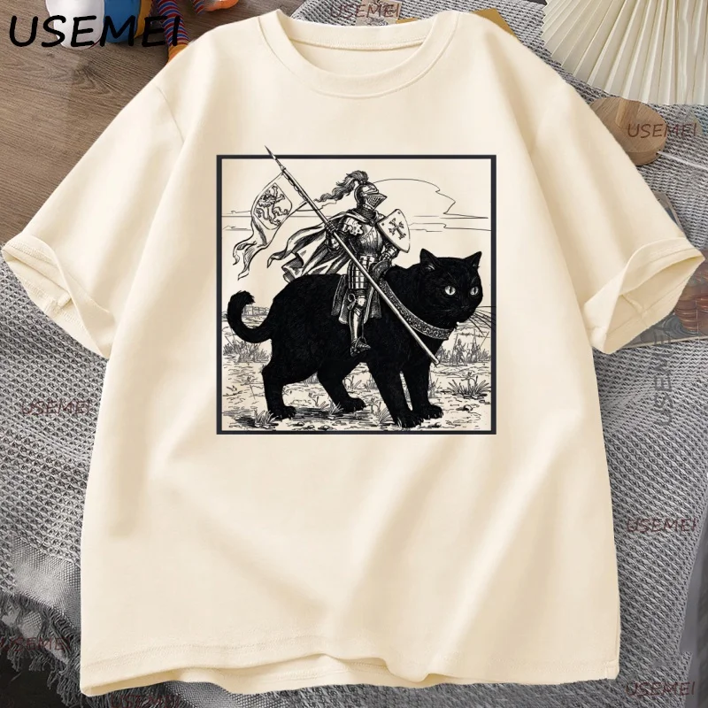 Funny Knight Cat 그래픽 T 셔츠 빈티지 남성 코튼 검은 고양이 티셔츠 크루 넥 느슨한 반팔 Tshirt Loose Pritned Tees