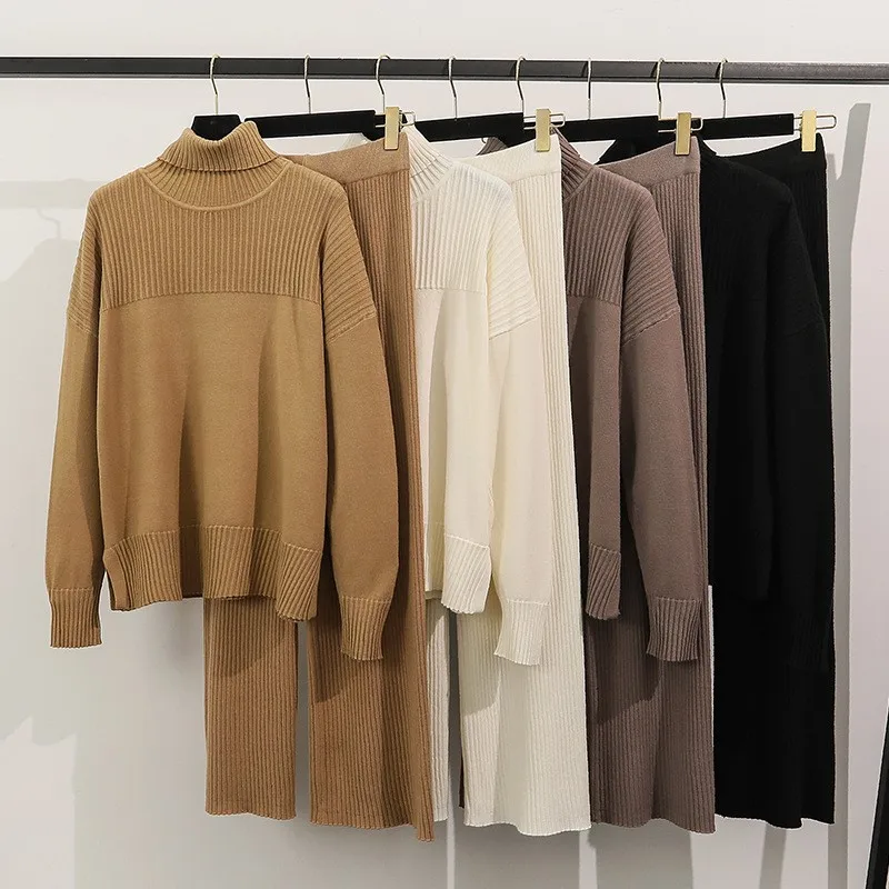 

High Collar Sweater And Straight Pant Autumn Winter Two Piece Set Pullovers Trouser Outfits Homwear Simple Knitting Women Suit