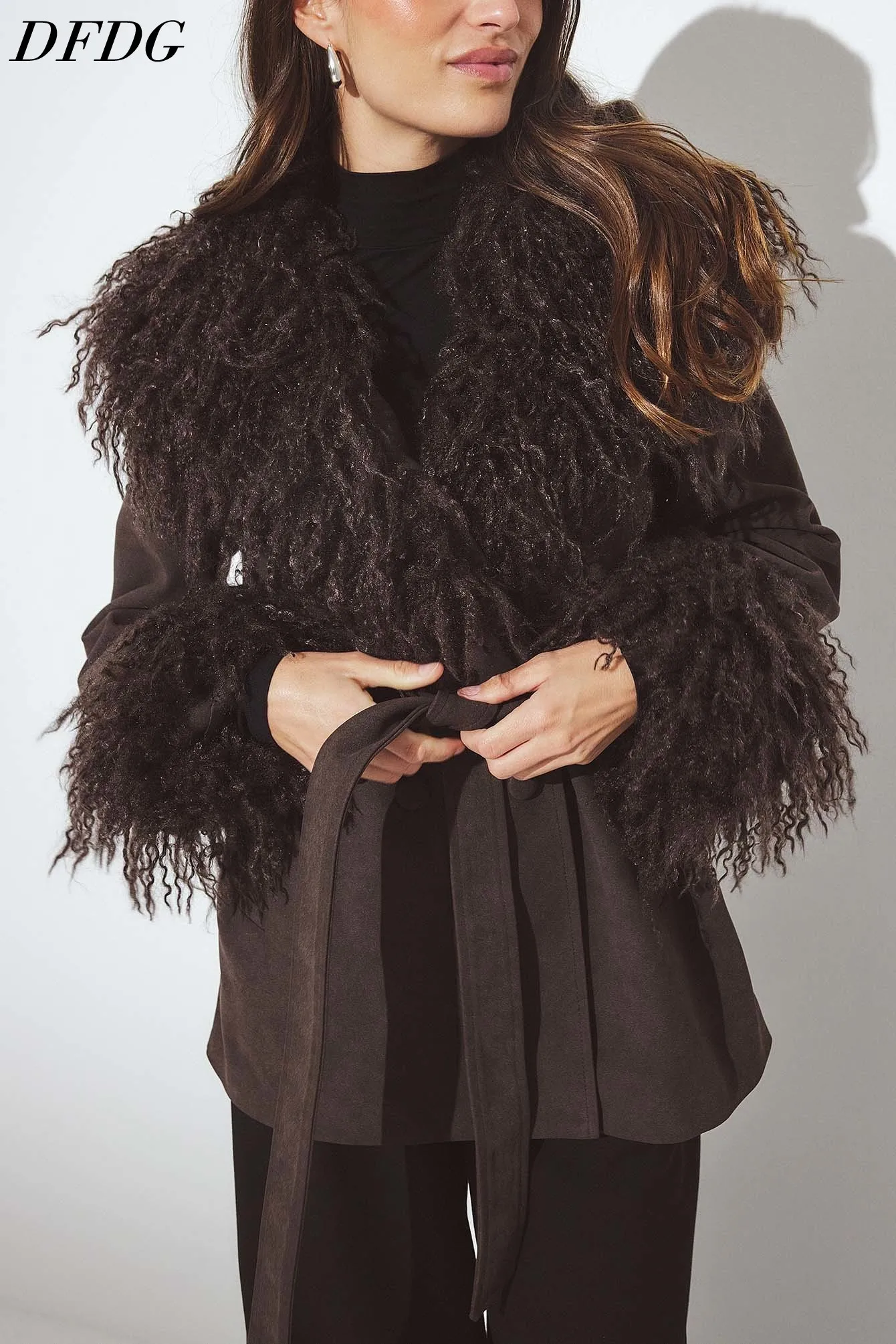 DFDG Women 2026 Curly Faux Fur Trim Coat Waist Tie Belted Jacket Long Sleeve Winter Warm Outerwear Elegant Casual Street Outfit