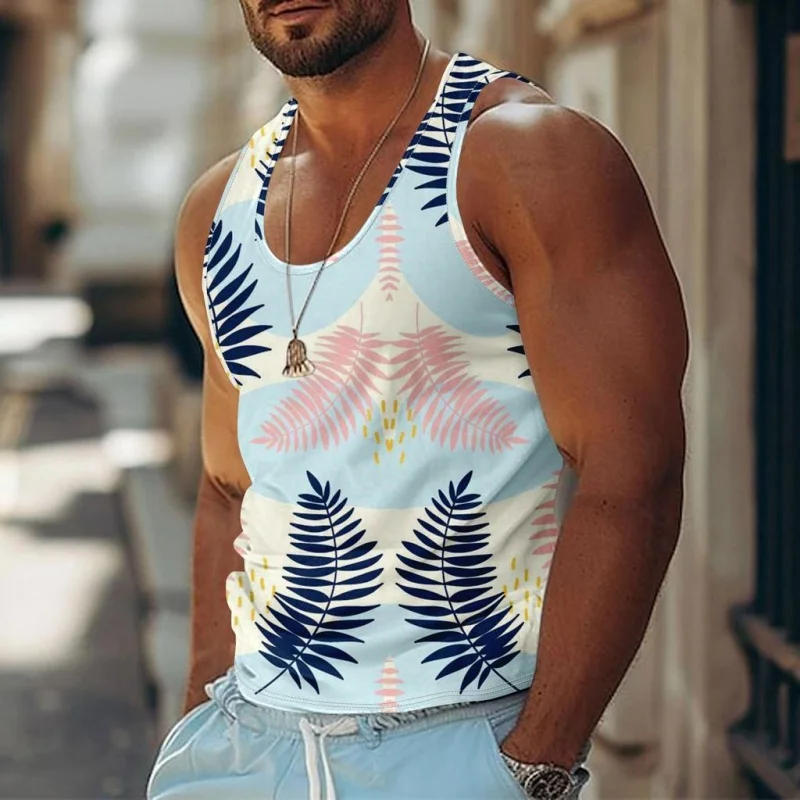 3D Printed Leaf Geometry Tank Tops For Man Color Gradient Pattern Tees Summer Casual Vest Oversized Sports Street Tank Top