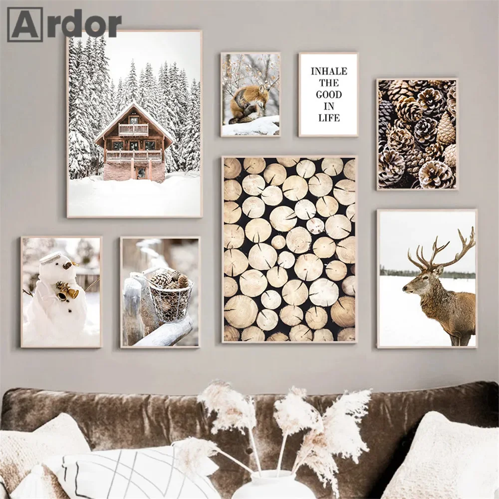 Winter Snow Pine Wood House Canvas Print Forest Animal Fox Bear Deer Wall Art Poster Painting Modern Picture Living Room Decor