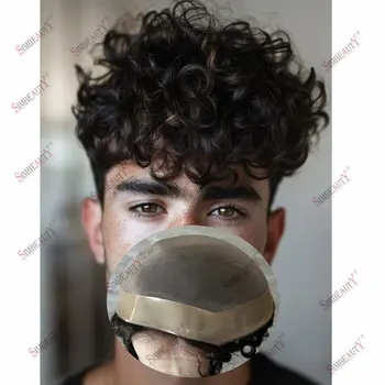 Mono NPU Base 20mm Ricci Parrucchino per capelli umani al 100% per uomo Sistema di protesi durevole Pezzo di capelli nero/marrone Parrucca per capelli con densità del 120%