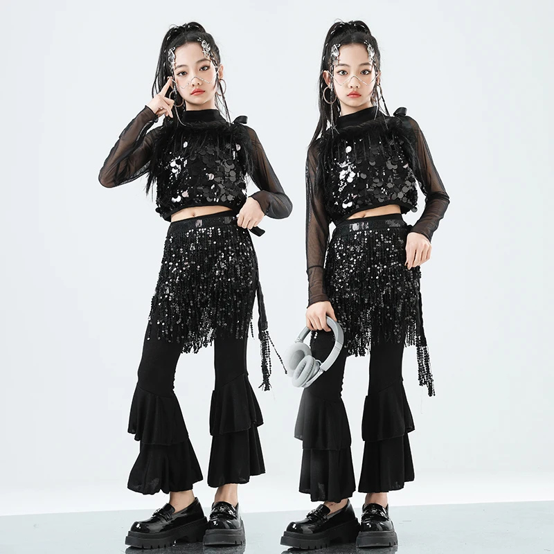 

Girls K-pop Silver Sequins Mesh Crop Top Street Dance Pants Kids Hip Hop Shiny Streetwear Children Jazz Girl Group Clothes Sets
