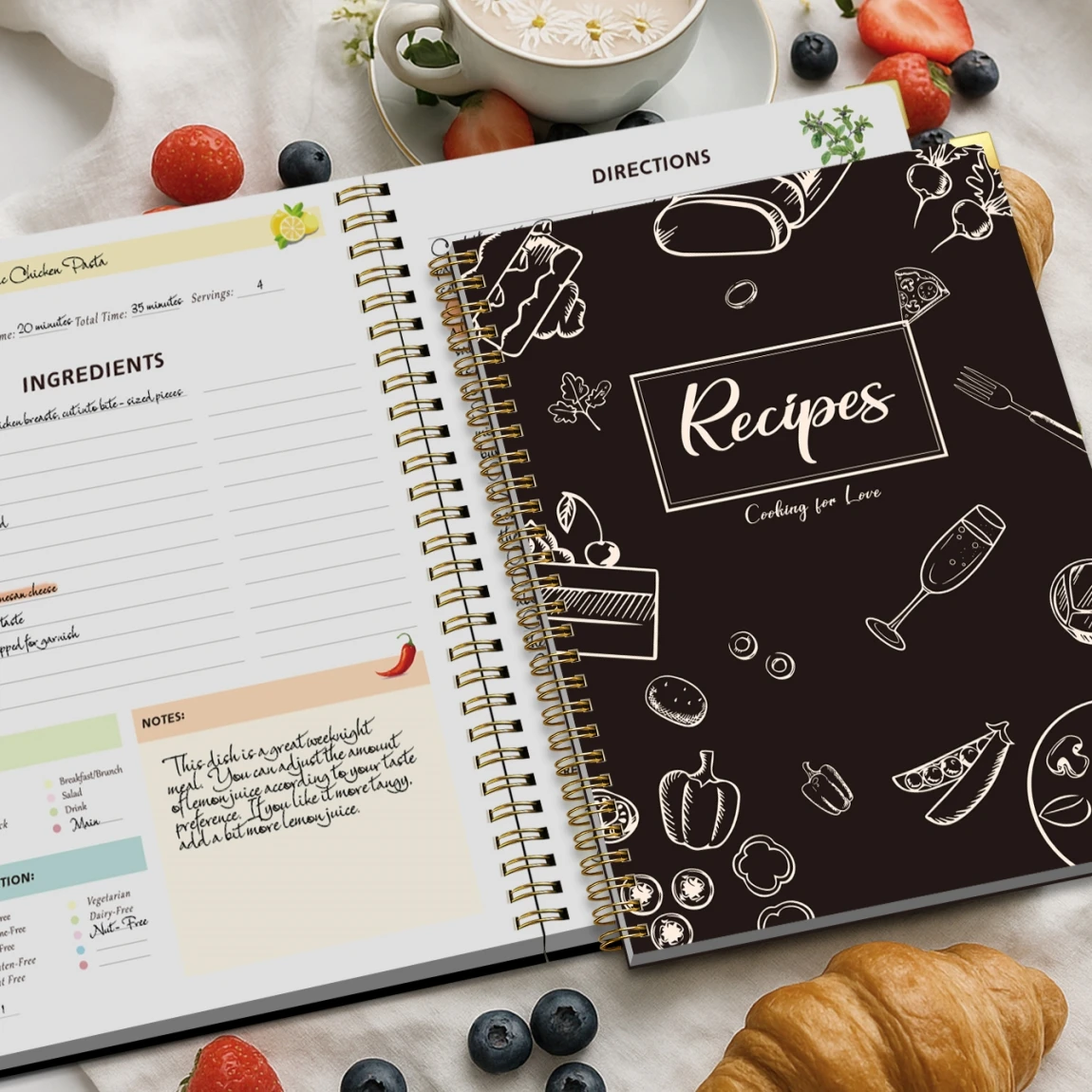 Libro de recetas de tapa dura: libro de recetas portátil de uso personal o familiar, capacidad para 80 recetas, páginas interiores a todo color, tapa dura