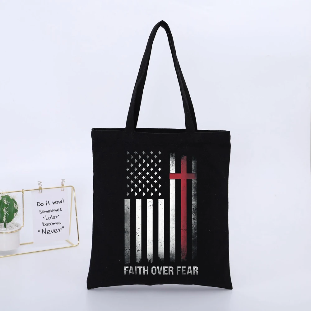 American Flag with Cross Graphic Canvas Tote Bag, Vintage Style for Daily Casual Use
