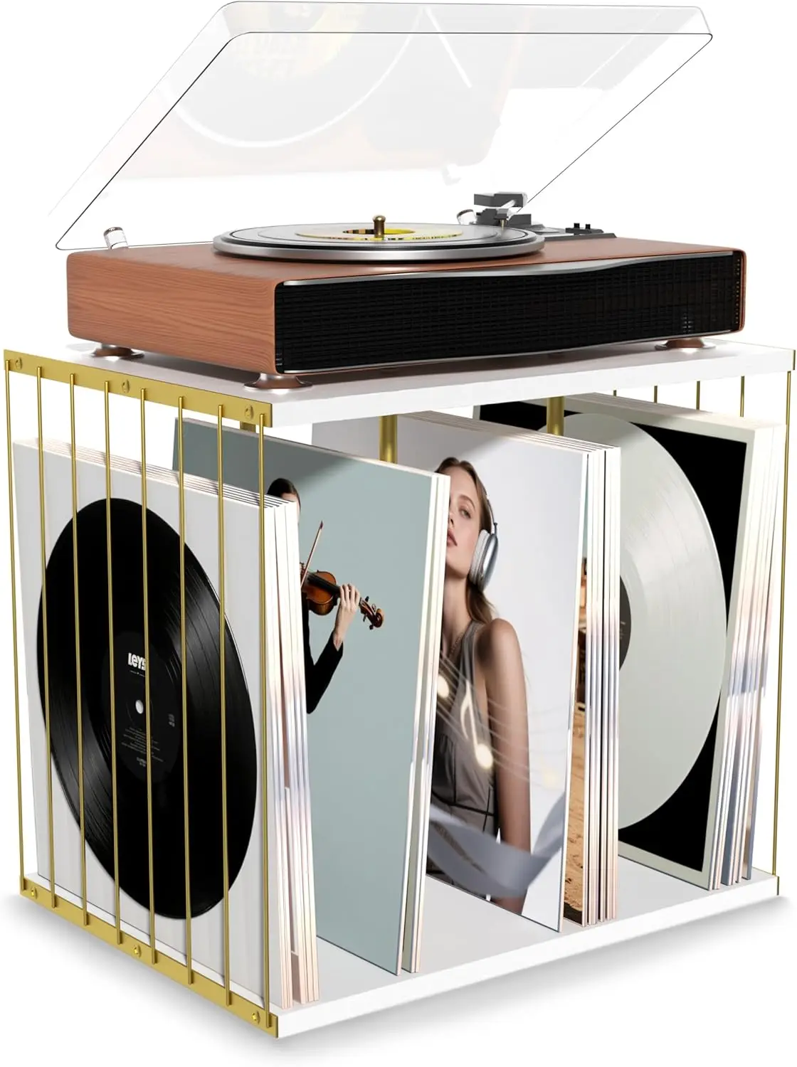 

Wooden Vinyl Record Holder with 3 Compartments, Holds Up to 80 Albums, White Storage Stand for Books and Files
