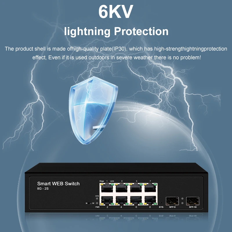 JT-COM L2- Managed switch with 2*1000M SFP slot ports and 8*100/1000M RJ45 ports