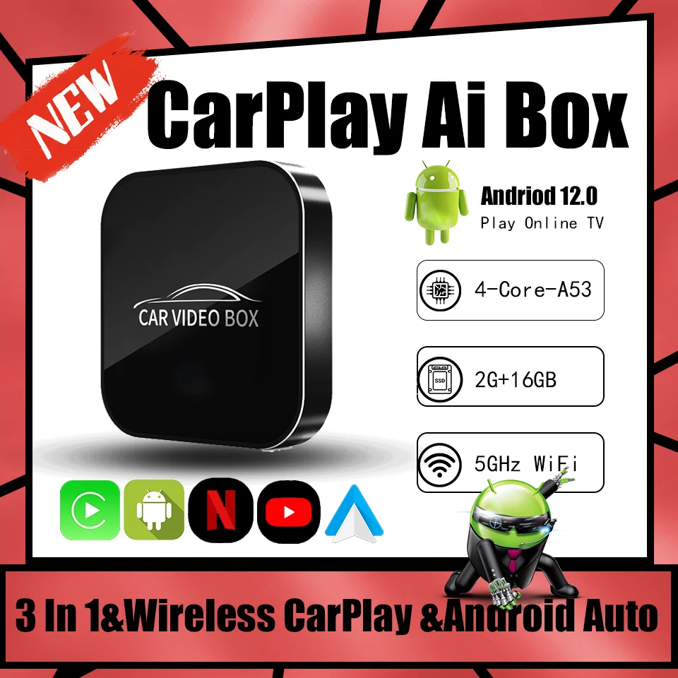 CarPlay ai TV Box Android12 Wireless CarPlay Android Auto Smart Car Play Streaming Media Box Built-in Netflix Youtube