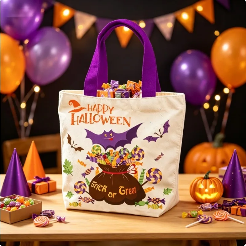 Halloween Canvas Tote Bags Trick Or Treat Candy Sack Kids Pumpkin Witch Bat Print Reusable Handbag Party Favor Supplies