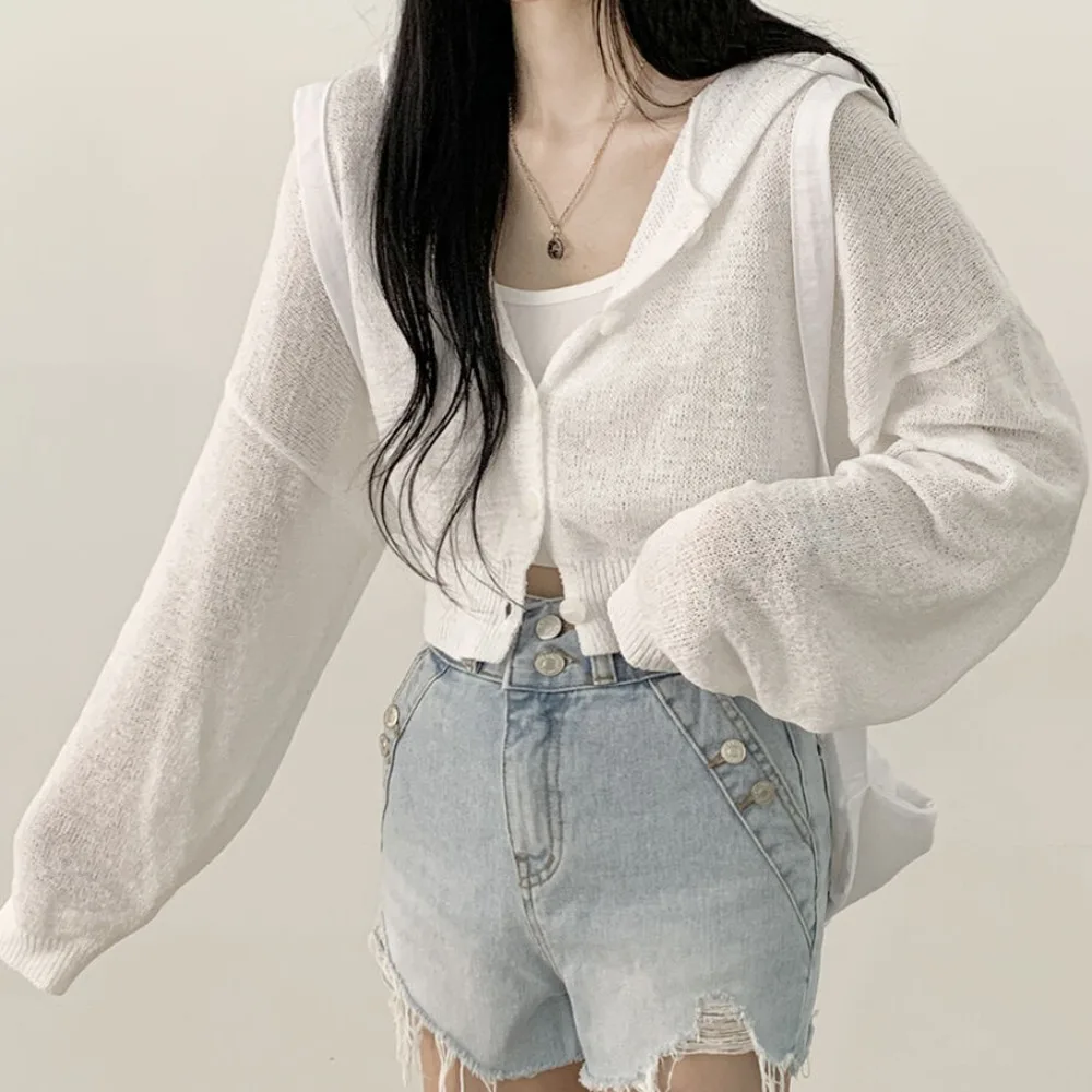 

Ladies' Knitted Sweater Ice Silk Loose Long Sve Hooded Thin ort Sle Lantern Sve Open Cardigan Coat Korean Sle