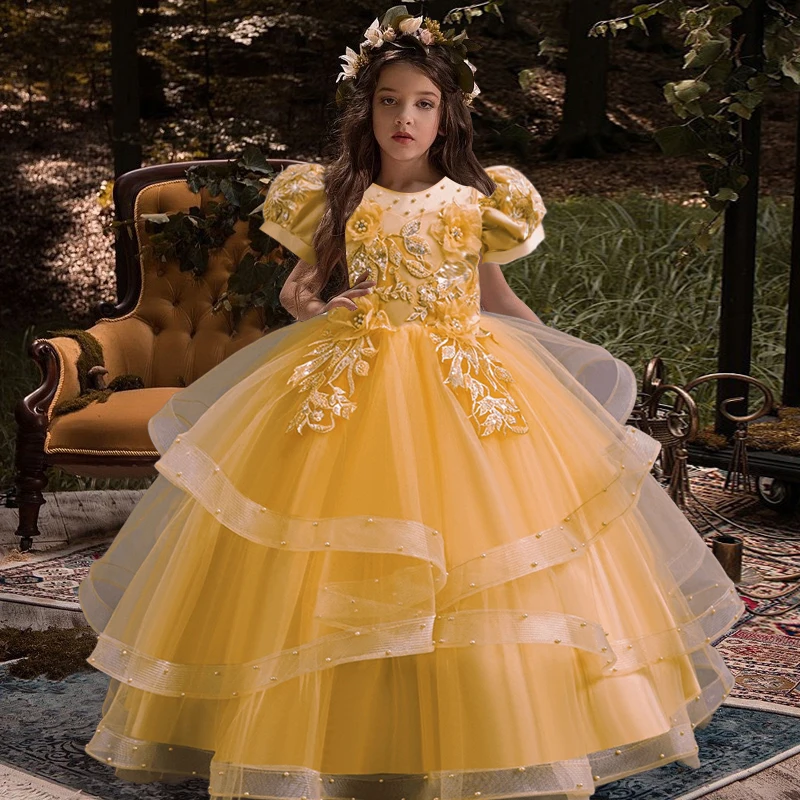 The new 4-12-year-old girl party dress embroidery elegant long skirt bubble sleeve lace mesh gauze girl birthday ball night dres