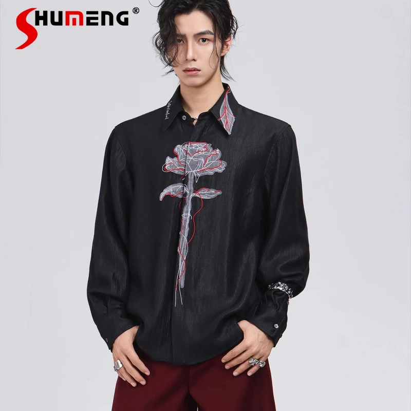 

Men's 2025 Autumn Winter New Rose Lapel Long Sleeve Shirts Personalized Embroidery Retro Tops Male High-end Handsome Chic Shirts