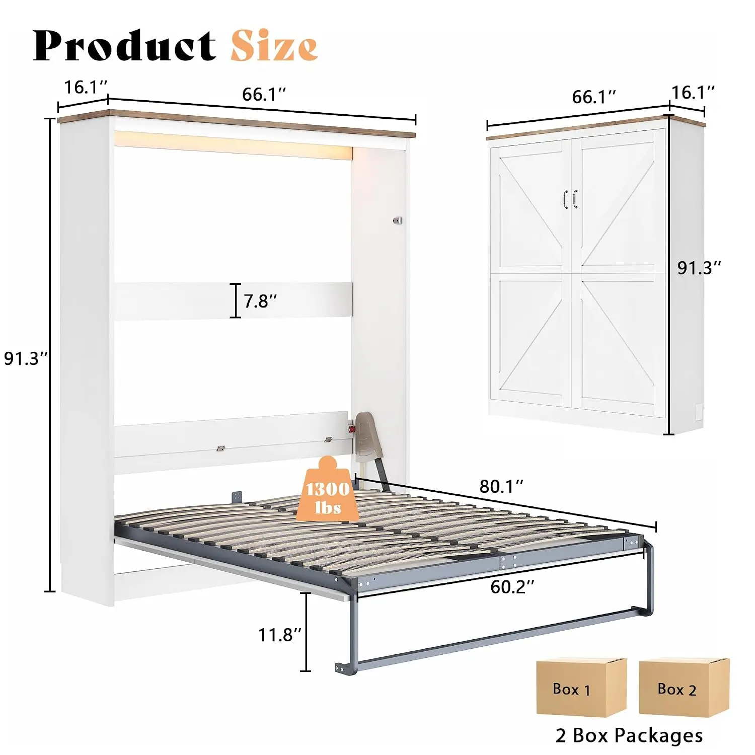 Queen Murphy Bed with LED Light & USB Charging Station, Wall Mounted Space Saving Bedroom Furniture, Customized