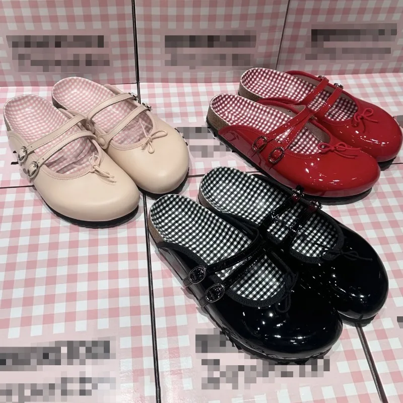 Clogs Womens Bow Double Buckle Ballet Style Sweet Girlish Plaid Low Cut Backless Slippers Summer Casual Flats Pink Black Red New