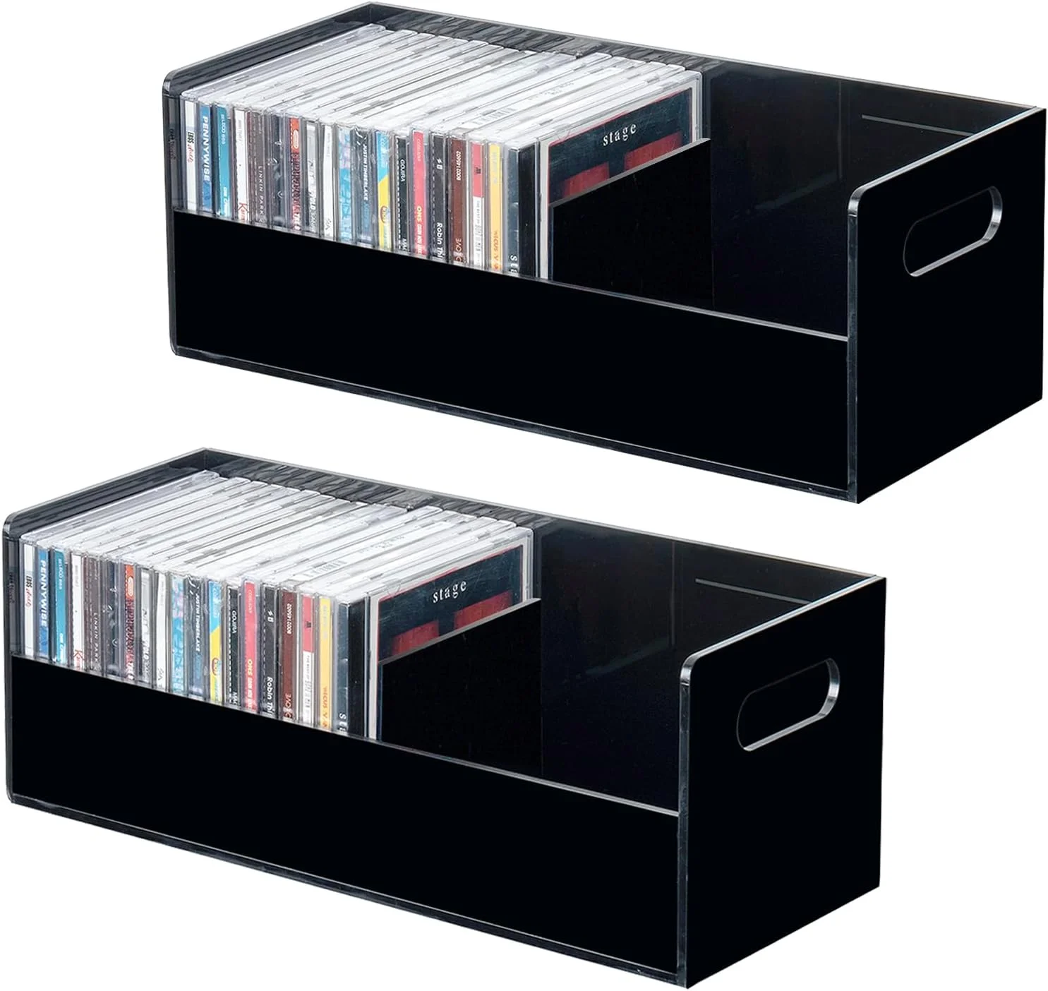 

Clear Acrylic Stackable CD Holder Racks with Cutout Carrying Handles, Compact Disc Jewel Case Display Crates, Media Storage