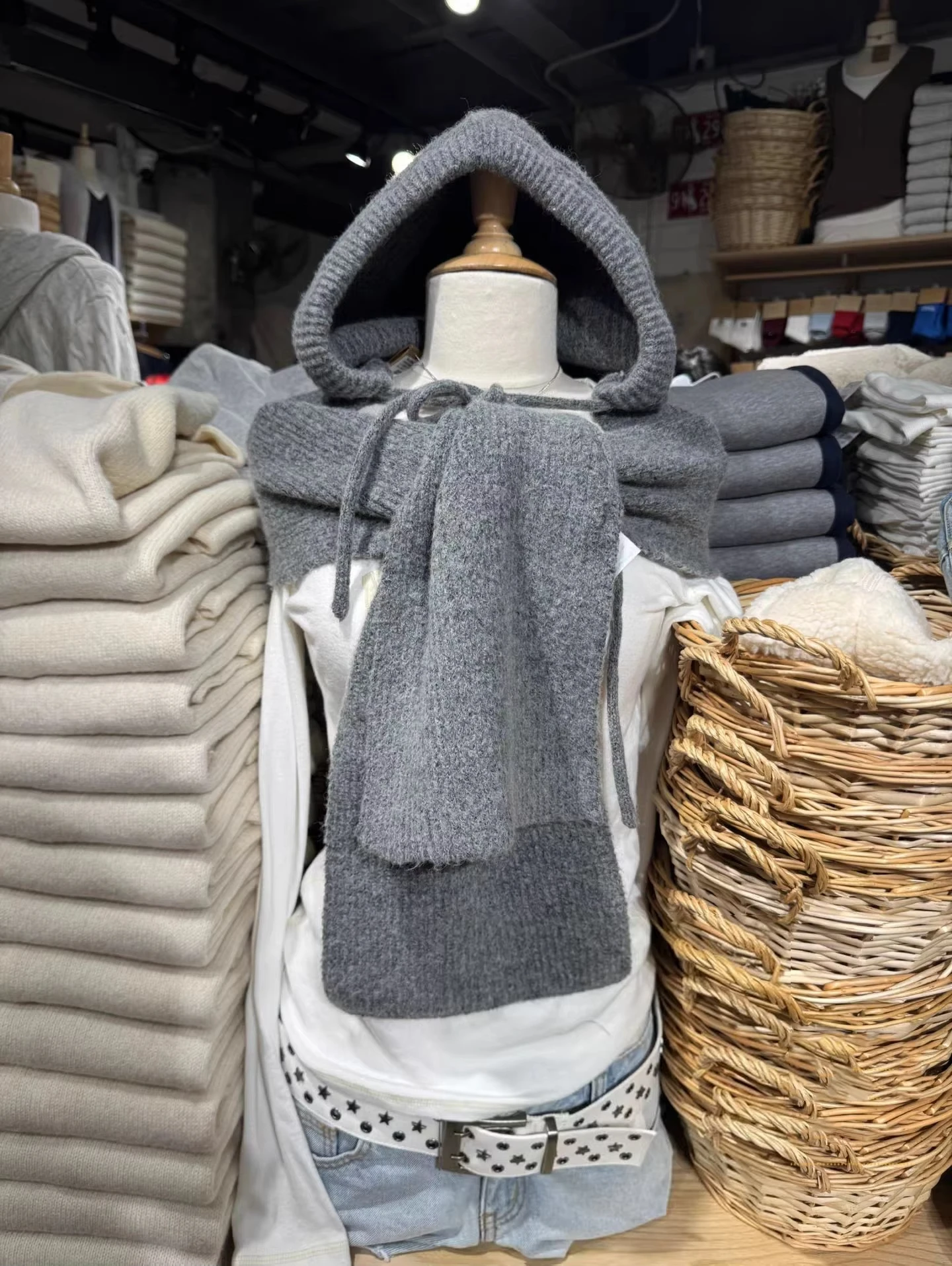 New Solid Hooded Scarf Women Casual Preppy Style Lace-up Unisex Thick Warm Long Scarves Vintage Chic Sweet Knitted Scarf y2k