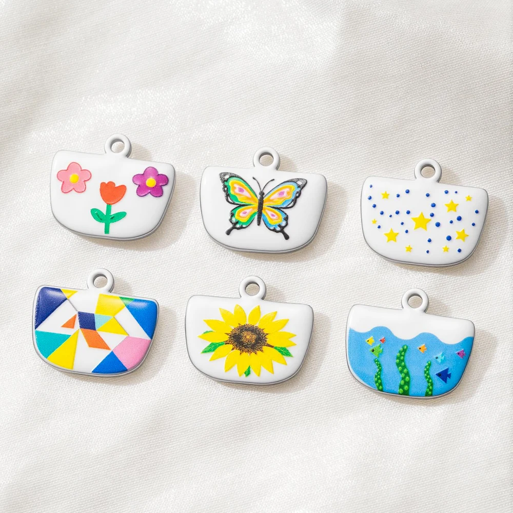 5 Stück Edelstahl-Emaille-Anhänger mit handgemalten Fisch-, Schmetterlings- und Blumenmotiven für DIY-Halsketten, Ohrringe und Schmuckherstellung. – Detail 3