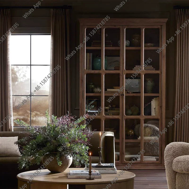 

American modern simple solid wood glass door bookcase locker display cabinet living room home