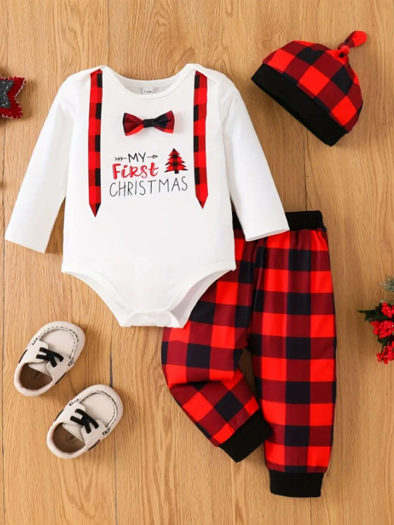 

《Infant Toddler Spring Autumn Bowknot Bodysuit + Plaid Pants + Plaid Hat 3-Piece Set》
