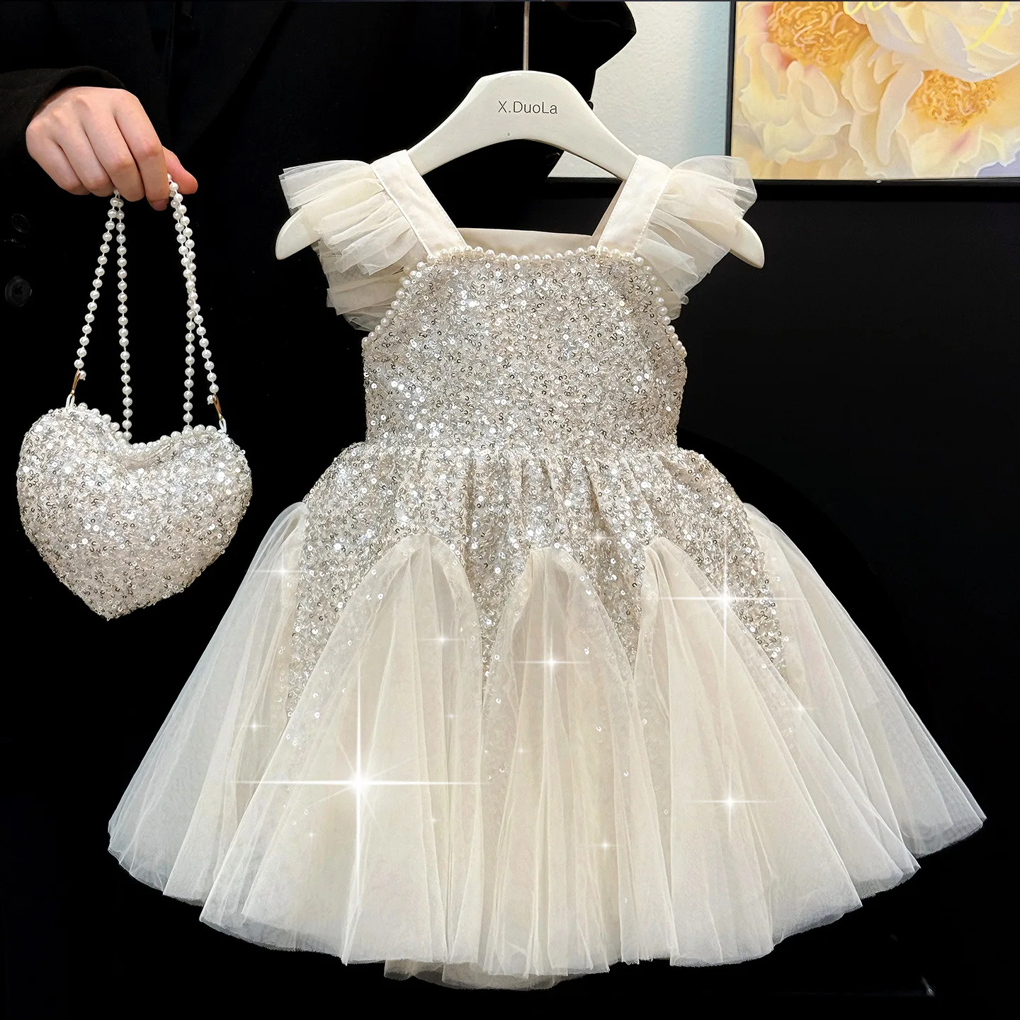

western-style Flower baby girls sequin mesh vest dress bag set new style children's princess dresses 2-11 years kids clothes