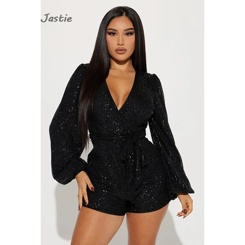 Solid Sequin Fashion Women\'s Jumpsuit Shorts Sexy Deep V-neck Long Sleeve Belt Shorts Sets Summer Party Nightclub Woman Clothes