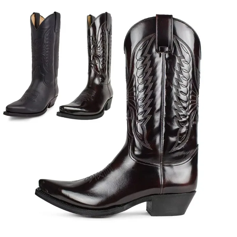 Botas Vaqueras Occidentales para Hombre, Botas de Motociclista Vintage, Botas Altas Bordadas, Zapatos de Pareja, Botas de Media Pantorrilla con Punta Puntiaguda, Tallas Grandes
