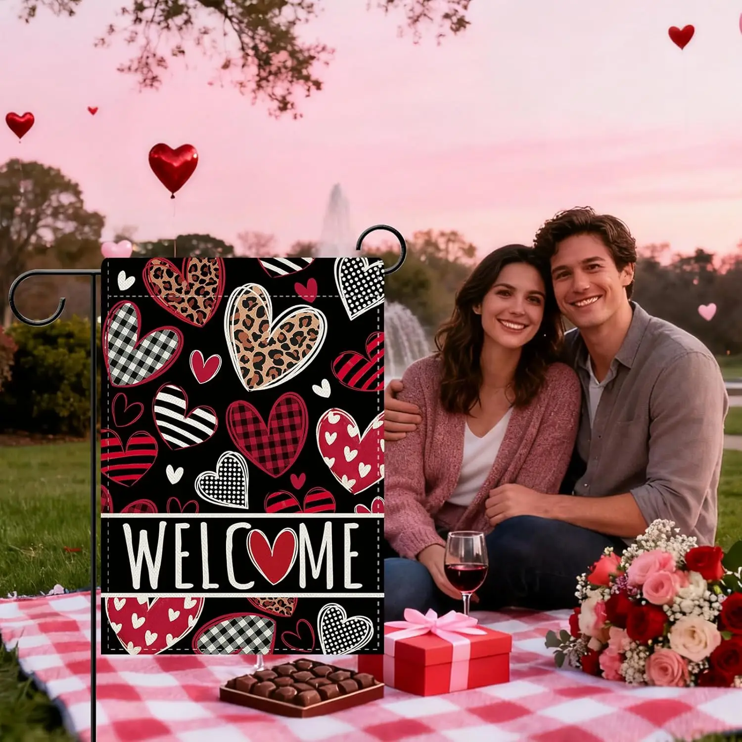 Dyrenson Welcome Valentines Day Decorative Garden Flag, Red Black Love Heart Plaid Leopard Stripes Yard Outside Home Decorat EEZ