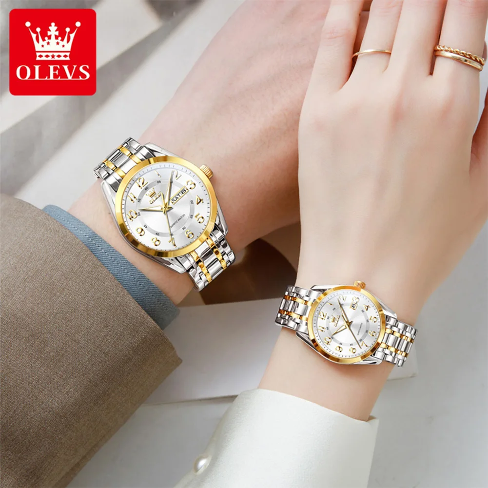 OLEVS 3666 Couple Watches Original Fashion Arabic Numerals Quartz Watches Waterproof Luminous Week Date Watches For Couple Gifts