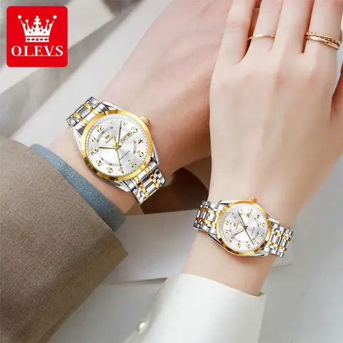 OLEVS 3666 커플 시계 오리지널 패션 아라비아 숫자 쿼츠 시계 방수 야광 요일 날짜 커플 선물용 시계